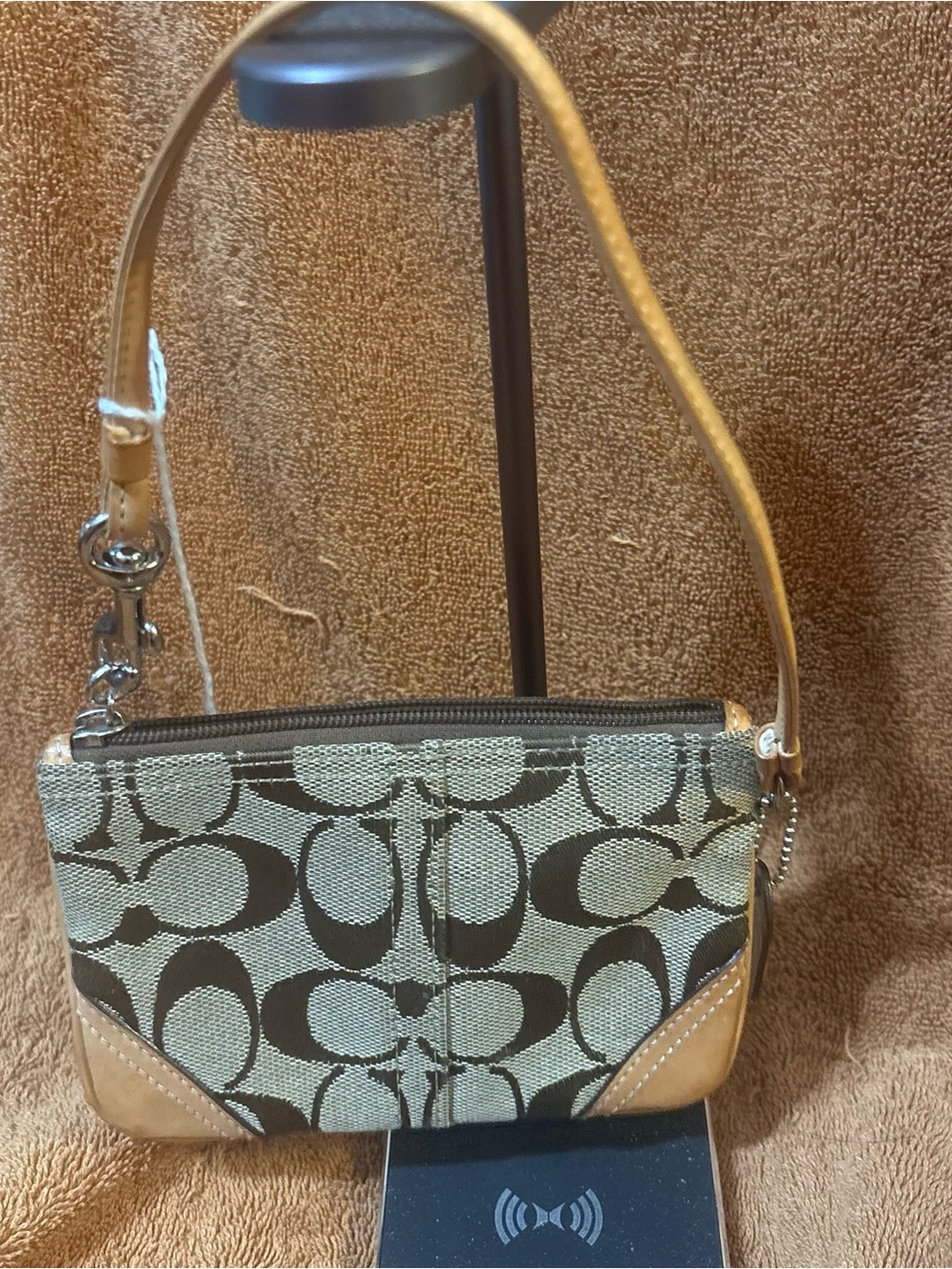 #34 Coach Mini Wristlet in Brown Signature Canvas with Vachetta Trim